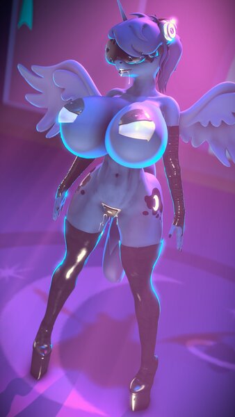 Size: 1080x1920 | Tagged: questionable, artist:veryfluffy, derpibooru import, princess luna, anthro, gamer luna, 3d, big breasts, bimbo, bimboification, breasts, clothes, covered nipples, gloves, headset, huge breasts, image, jpeg, latex, mind control, solo, source filmmaker, tech control, vr headset