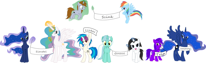 Size: 17927x5508 | Tagged: dead source, safe, artist:kpvt, lyra heartstrings, princess celestia, princess luna, rainbow dash, vinyl scratch, oc, oc:klio, oc:littlepip, pony, fallout equestria, female, image, mare, multeity, png, simple background, transparent background, tulpa