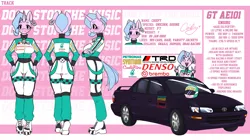 Size: 1934x1086 | Tagged: safe, artist:chiefywiffy, derpibooru import, oc, oc:chiefy, anthro, unicorn, anthro oc, car, ear piercing, female, helmet, honda, horn, image, piercing, png, racing suit, reference sheet, solo, thigh gap