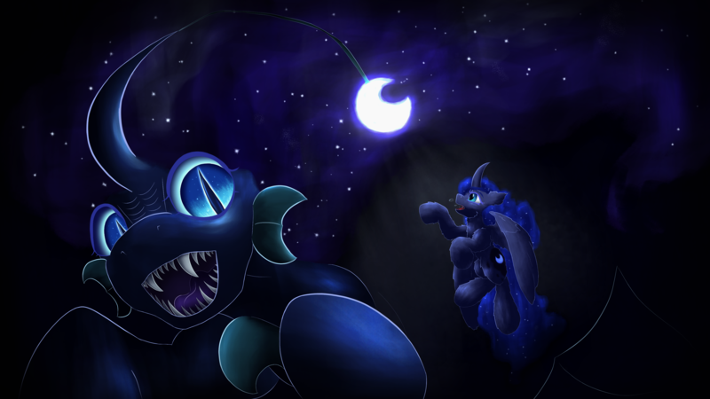 Size: 3840x2160 | Tagged: safe, artist:gosha305, derpibooru import, nightmare moon, princess luna, alicorn, angler fish, fish, pony, seapony (g4), angler seapony, bioluminescent, blue mane, blue tail, bubble, cheek fluff, curved horn, digital art, duo, ear fluff, ethereal mane, ethereal tail, fangs, female, fins, flowing mane, flowing tail, full body, g4, glow, glowing eyes, high res, horn, image, looking at each other, looking at someone, lure, mare, moon, moonlight, ocean, open mouth, open smile, png, scales, seafloor, seaponified, seapony luna, slit pupils, smiling, species swap, spread wings, starry mane, stars, swimming, tail, teeth, underwater, water, wings