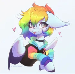 Size: 3200x3150 | Tagged: safe, artist:avroras_world, derpibooru import, oc, oc:virya, unofficial characters only, pegasus, pony, bust, choker, clothes, female, floating heart, floppy ears, freckles, gradient background, heart, hoodie, image, jpeg, mare, multicolored hair, not rainbow dash, rainbow hair, solo, tongue out