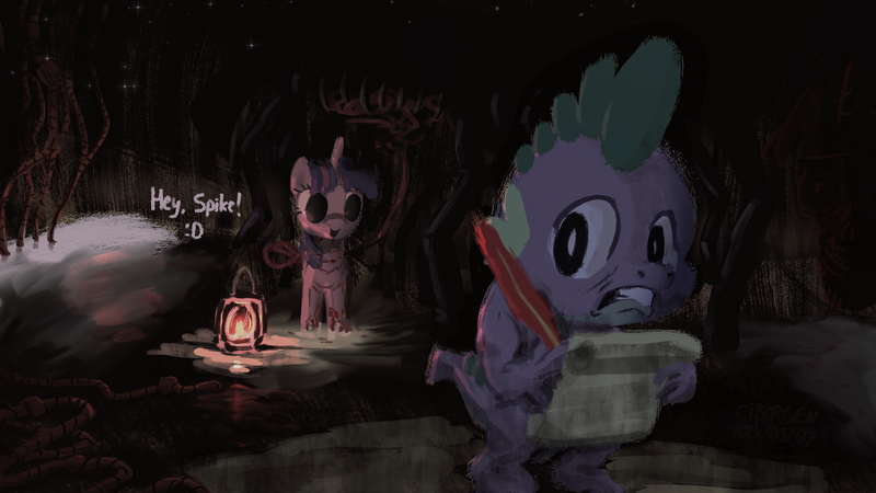 Size: 3840x2160 | Tagged: semi-grimdark, artist:ciborgen, derpibooru import, spike, twilight sparkle, dragon, pony, unicorn, 4k, body horror, creepy, dialogue, duo, duo male and female, female, gritted teeth, hey spike, high res, horn, image, lantern, looking back, male, parchment, png, quill, teeth, tentacles, unicorn twilight
