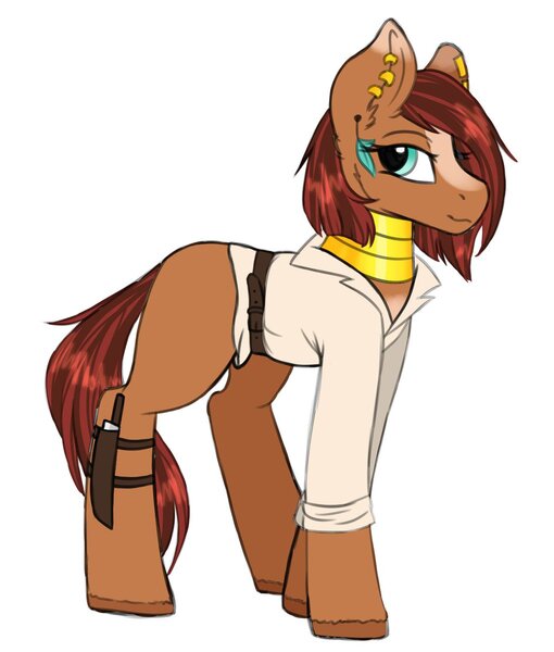 Size: 1020x1200 | Tagged: safe, artist:zahsart, derpibooru import, oc, unofficial characters only, earth pony, pony, blaze (coat marking), clothes, ear piercing, image, jpeg, knife, looking at you, neck rings, piercing, shirt, simple background, solo, unshorn fetlocks, white background
