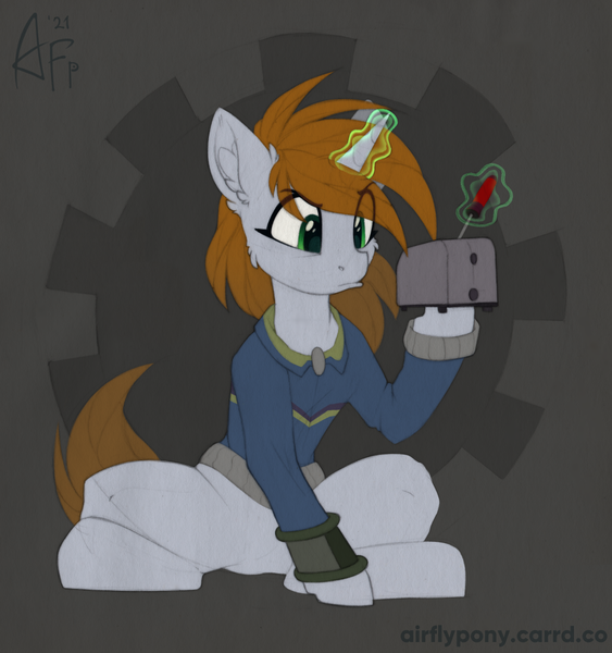 Size: 1126x1200 | Tagged: safe, artist:airfly-pony, derpibooru import, oc, oc:littlepip, unicorn, fallout equestria, 2021, brown mane, clothes, digitally colored, fallout, female, gears, gray background, green eyes, horn, image, jumpsuit, light skin, looking at something, magic, magic aura, pipboy, pipbuck, png, screwdriver, simple background, sitting, stable (vault), toaster, traditional art, uniform, vault suit