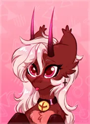 Size: 2528x3472 | Tagged: safe, artist:viryav, derpibooru import, oc, oc:cherry chokoreto, demon, demon pony, original species, pony, bell, bell collar, blushing, collar, cute, ear piercing, earring, female, fluffy, horns, image, jewelry, mare, piercing, png, pony oc, solo, solo female, tongue out