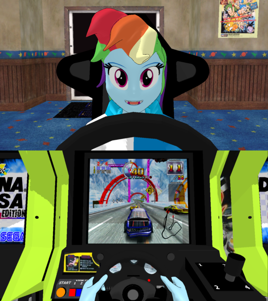 Size: 1366x1536 | Tagged: safe, artist:ardoplasma41, derpibooru import, rainbow dash, equestria girls, 3d, arcade, arcade cabinet, arcade game, clothes, daytona usa, daytona usa 2, g4, gamer dash, hoodie, image, mmd, png, scorpio plasma, steering wheel