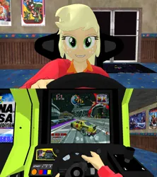 Size: 1366x1536 | Tagged: safe, artist:ardoplasma41, derpibooru import, applejack, equestria girls, 3d, arcade, arcade cabinet, arcade game, clothes, daytona usa, daytona usa 2, drift, drifting, g4, gamerjack, image, mmd, png, polo shirt, scorpio plasma, shirt, steering wheel