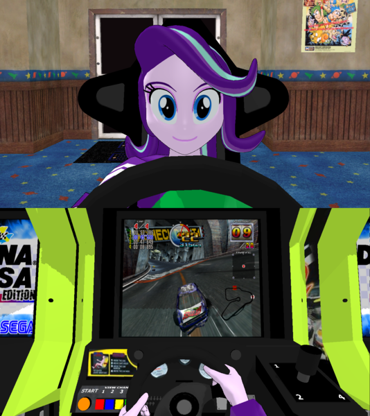 Size: 1366x1536 | Tagged: safe, artist:ardoplasma41, derpibooru import, starlight glimmer, equestria girls, 3d, arcade, arcade cabinet, arcade game, clothes, daytona usa, daytona usa 2, g4, gamer starlight, image, mmd, png, scorpio plasma, shirt, steering wheel, t-shirt