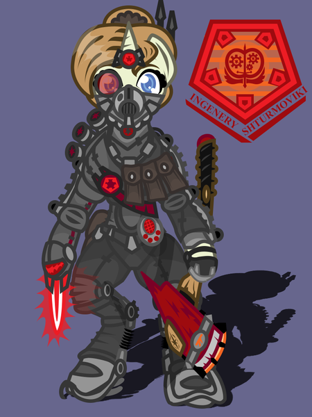 Size: 750x1000 | Tagged: safe, artist:devorierdeos, derpibooru import, oc, oc:agate morrow, unofficial characters only, pony, unicorn, fallout equestria, armor, axe, blue eyes, brown mane, engineer, exoskeleton, firefighter axe, horn, image, png, respirator, scrunchie, simple background, steel ranger, steel ranger emblem, steel ranger scribe, technology, unicorn oc, weapon, yellow coat