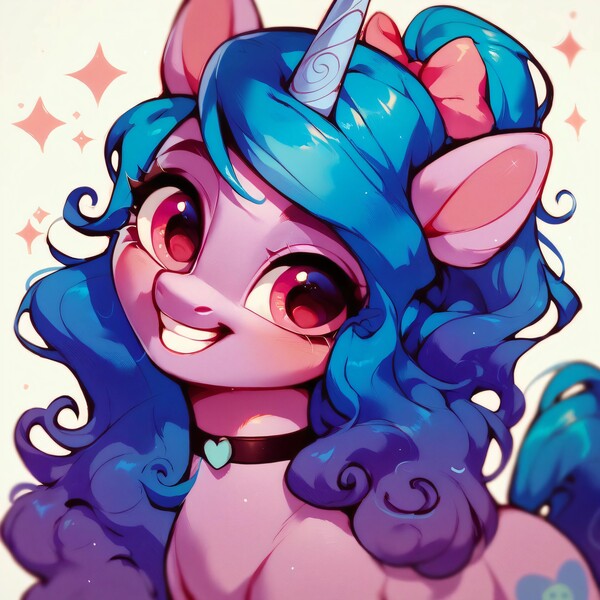 Size: 4096x4096 | Tagged: safe, ai content, alternate version, derpibooru import, machine learning generated, prompter:enterusxrname, stable diffusion, izzy moonbow, pony, unicorn, g5, my little pony: a new generation, absurd resolution, alternate hairstyle, beautiful, beautiful eyes, beautiful hair, blue hair, bow, cute, cute face, cutie mark, female, generator:purplesmart.ai, girly, good girl, good girl izzy (g5), grin, hair, hair bow, hairstyle, happy, horn, image, izzybetes, jpeg, looking at you, open smile, ponytail, ribbon, smiling, smiling at you, solo, solo female, teeth, upscaled, whited teeth