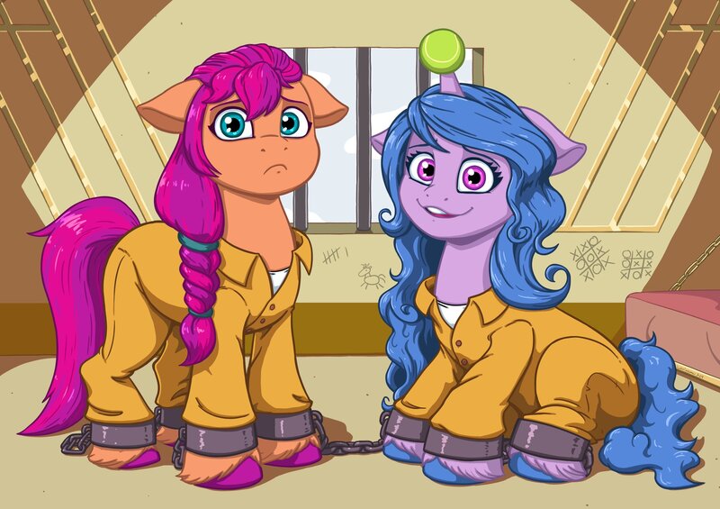 Size: 2048x1447 | Tagged: safe, artist:latecustomer, derpibooru import, izzy moonbow, sunny starscout, earth pony, pony, unicorn, g5, clothes, commissioner:rainbowdash69, cuffed, cuffs, horn, image, jail, jail cell, jpeg, never doubt rainbowdash69's involvement, prison cell, prison outfit, prisoner im, prisoner ss, shackles