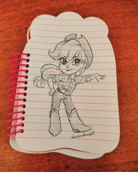 Size: 1640x2048 | Tagged: safe, artist:dariarchangel, derpibooru import, applejack, human, boots, chibi, clothes, denim, female, humanized, image, jeans, jpeg, lined paper, monochrome, pants, shirt, shoes, sketch, solo, traditional art