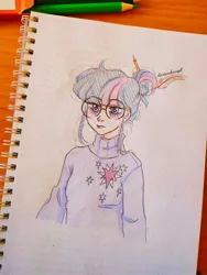 Size: 1536x2048 | Tagged: safe, artist:dariarchangel, derpibooru import, twilight sparkle, human, clothes, cutie mark, cutie mark on clothes, female, glasses, hair bun, humanized, image, jpeg, pencil, round glasses, solo, sweater, tired, traditional art, turtleneck