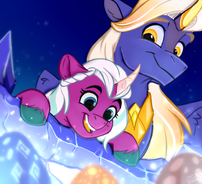 Size: 1200x1091 | Tagged: safe, artist:rutkotka, derpibooru import, oc, alicorn, pony, g5, amazed, brother and sister, colored hooves, curved horn, cute, dragon egg, duo, egg, female, filly, filly opaline arcana, fire alicorn, foal, horn, image, looking at someone, looking at something, male, opaline arcana, opalinebetes, open mouth, open smile, png, siblings, smiling, stallion, unshorn fetlocks, younger