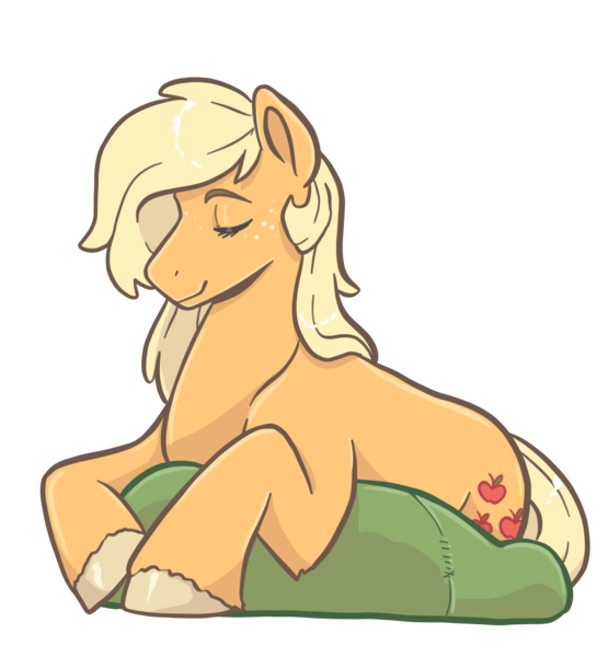 Size: 1135x1226 | Tagged: safe, artist:smirk, derpibooru import, applejack, eyes closed, freckles, image, missing accessory, png, relaxing, resting, simple background, smiling, solo, transparent background