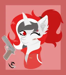 Size: 8320x9548 | Tagged: safe, alternate version, artist:samsailz, derpibooru import, oc, oc:red rocket, pony, unicorn, bruised, bust, clothes, commission, cosplay, costume, gun, handgun, horn, image, jacket, left 4 dead, left 4 dead 2, looking at you, magic, one eye closed, pistol, png, portrait, smiling, tracksuit, weapon, wink, winking at you