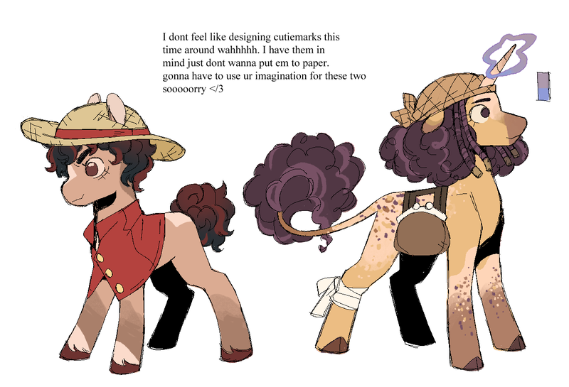 Size: 1312x894 | Tagged: safe, artist:pcktknife, derpibooru import, ponified, earth pony, pony, unicorn, glow, glowing horn, hat, hooves, horn, image, male, monkey d. luffy, one piece, png, simple background, stallion, straw hat, usopp, white background