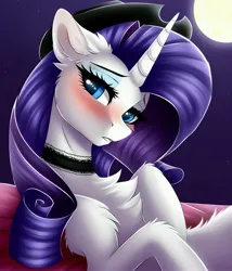 Size: 3429x4000 | Tagged: safe, ai content, derpibooru import, machine learning generated, prompter:midnightdashie, stable diffusion, rarity, pony, unicorn, bedroom eyes, blushing, chest fluff, choker, female, fluffy, g4, generator:pony diffusion v6 xl, hat, high res, horn, image, jpeg, looking at you, lying down, shy, solo, sternocleidomastoid