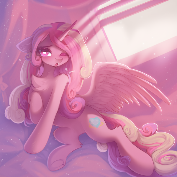 Size: 2000x2000 | Tagged: safe, artist:anku, artist:ankusweet, derpibooru import, princess cadance, alicorn, pony, chest fluff, crepuscular rays, cute, cutedance, ear fluff, female, floppy ears, g4, heart, heart eyes, high res, horn, image, leg fluff, looking at you, mare, one eye closed, open mouth, png, solo, spread wings, underhoof, wingding eyes, wings, yawn