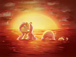 Size: 2000x1500 | Tagged: safe, artist:avui, derpibooru import, fluttershy, pegasus, pony, cloud, crepuscular rays, digital art, female, flowing mane, flowing tail, g4, green eyes, image, jpeg, mare, ocean, open mouth, pink mane, pink tail, signature, sky, solo, sun, sunlight, sunset, swimming, tail, water, wet