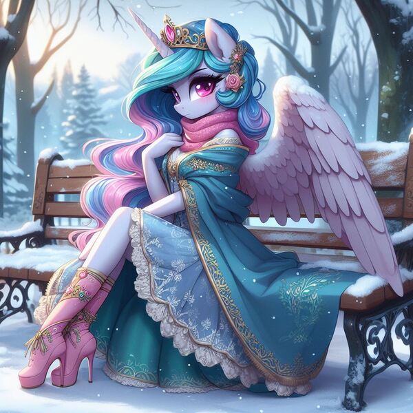 Size: 1024x1024 | Tagged: safe, ai content, derpibooru import, machine learning generated, prompter:glimmy-glam, princess celestia, anthro, bench, blushing, boots, cloak, clothes, crown, dress, elegant, g4, generator:bing image creator, generator:dall-e 3, high heel boots, high heels, image, jewelry, jpeg, looking at you, regalia, scarf, shoes, sitting, skirt, snow, solo, winter