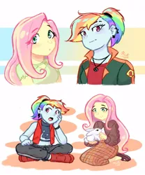 Size: 832x1000 | Tagged: safe, artist:f0xy1212, derpibooru import, fluttershy, rainbow dash, human, rabbit, equestria girls, animal, clothes, duo, duo female, eye clipping through hair, female, flutterdash, g4, hand on cheek, image, jacket, jewelry, jpeg, lesbian, long sleeves, midriff, necklace, pants, plaid skirt, ponytail, shipping, sitting, skirt, vest, watch, wristwatch