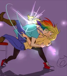 Size: 441x500 | Tagged: safe, artist:schpog, derpibooru import, part of a set, applejack, rainbow dash, human, appledash, ask, askhumanappledash, bar, deep kissing, dip kiss, female, g4, hat, humanized, image, jpeg, kiss on the lips, kissing, lesbian, purple background, shipping, simple background, tumblr, wide eyes