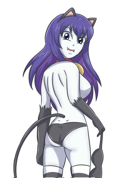 Size: 1580x2048 | Tagged: suggestive, artist:sumin6301, derpibooru import, rarity, cat, human, equestria girls, g4, ass, bell, bell collar, black panties, black underwear, breasts, busty rarity, butt, cat ears, catgirl, clothes, collar, eyebrows, eyebrows visible through hair, fangs, female, image, jpeg, lipstick, looking at you, looking back, looking back at you, panties, partial nudity, raricat, simple background, smiling, smiling at you, socks, solo, solo female, striped socks, topless, underwear, white background