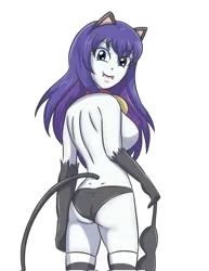 Size: 1580x2048 | Tagged: suggestive, artist:sumin6301, derpibooru import, rarity, cat, human, equestria girls, bell, bell collar, black panties, black underwear, breasts, busty rarity, butt, cat ears, catgirl, clothes, collar, eyebrows, eyebrows visible through hair, fangs, female, g4, image, jpeg, lipstick, looking at you, looking back, looking back at you, panties, partial nudity, raricat, simple background, smiling, smiling at you, socks, solo, solo female, striped socks, topless, underwear, white background