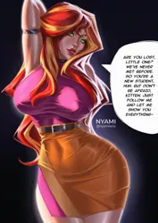 Size: 1527x2160 | Tagged: suggestive, alternate version, artist:nyami, derpibooru import, sunset shimmer, human, equestria girls, adult, arm behind back, arm behind head, armband, armpits, beautiful, beautiful eyes, beautiful hair, beautisexy, belt, big breasts, breasts, bunset shimmer, busty sunset shimmer, butt, clothed version, clothes, erect nipples, female, g4, green eyes, hair, hips, huge breasts, humanized, image, impossibly large breasts, jpeg, legs, legs together, light skin, lipstick, long hair, looking at you, multicolored hair, pose, reasonably sized breasts, red lipstick, sexy, skinny, skirt, solo, solo female, speech, speech bubble, stupid sexy sunset shimmer, sultry pose, talking, text, tongue out, wide hips, woman