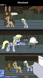 Size: 1920x3516 | Tagged: safe, artist:platinumdrop, derpibooru import, derpy hooves, doctor whooves, time turner, earth pony, pegasus, pony, comic:dismissed, 3 panel comic, alternate timeline, blueprint, bowtie, clothes, comic, commission, crying, despair, dialogue, doctor whooves' lab, dumped, duo, duo male and female, female, female pov, fired, floppy ears, folded wings, food, frown, g4, hard hat, hat, heartbreak, hooves, image, indoors, lab, laboratory, looking at someone, looking at something, machine, machinery, male, mare, mouth hold, muffin, offscreen character, offscreen female, open mouth, photo, picture frame, png, pov, sad, scrunchy face, sitting, speech bubble, stallion, table, talking, tears of sadness, teary eyes, this will not end well, tool, walking, walking away, wings, wings down, wrench