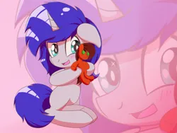 Size: 1435x1080 | Tagged: safe, artist:trackheadtherobopony, derpibooru import, oc, oc:midnight, oc:silver, unofficial characters only, pegasus, unicorn, blushing, gradient background, horn, image, plushie, png, snuggling, zoom layer