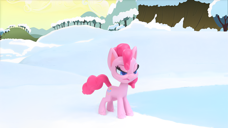 Size: 1920x1080 | Tagged: safe, derpibooru import, edit, edited screencap, screencap, pinkie pie, earth pony, pony, my little pony: pony life, my little pony: stop motion short, annoyed, cute, funny, g4, image, png, snow, solo