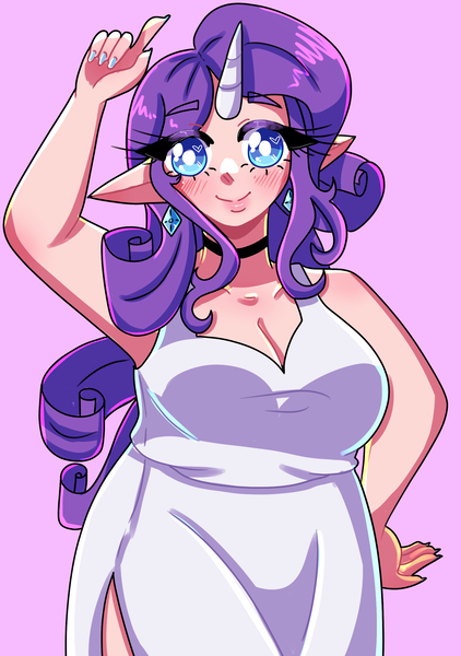 Size: 1850x2633 | Tagged: safe, artist:aquamarine-arts, derpibooru import, rarity, human, blushing, breasts, choker, chubby, clothes, cute, dress, ear piercing, earring, elf ears, female, heart, heart eyes, horn, horned humanization, humanized, image, jewelry, nail polish, piercing, png, purple background, raribetes, simple background, solo, wingding eyes
