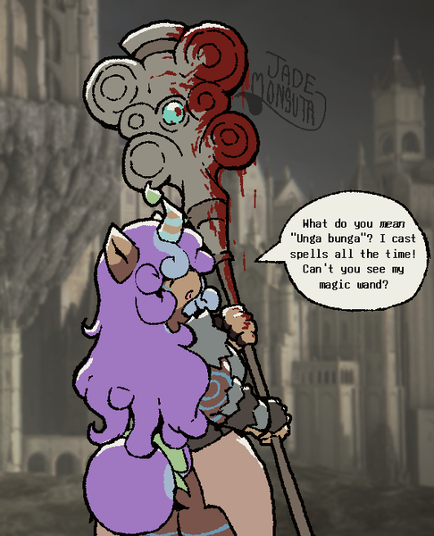 Size: 584x721 | Tagged: safe, derpibooru import, oc, oc:mellow meadow, anthro, unicorn, anthro oc, artificial horn, barbarian, blood, bodypaint, bow, castle, curly hair, elden ring, facial markings, female, hair over eyes, highlights, horn, image, looking back, mealy mouth (coat marking), png, screenshot background, solo, staff, tail, tail bow, tail bun, talking to viewer, unicorn oc, weapon