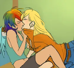 Size: 600x550 | Tagged: safe, artist:schpog, derpibooru import, applejack, rainbow dash, human, appledash, female, g4, grabbing, humanized, image, jpeg, kissing, lesbian, shipping