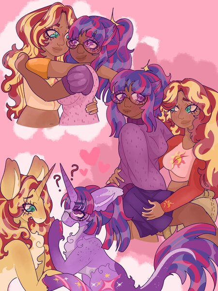 Size: 1536x2048 | Tagged: safe, artist:afr00g, derpibooru import, sci-twi, sunset shimmer, twilight sparkle, ponified, human, pony, unicorn, alternate design, alternate hairstyle, belly button, blackwashing, breasts, chest fluff, clothes, dark skin, denim, duo, duo female, equestria girls ponified, female, glasses, horn, hug, humanized, image, jeans, jpeg, leonine tail, lesbian, looking at each other, looking at someone, markings, midriff, pants, ponytail, question mark, ship:sci-twishimmer, shipping, shirt, skirt, sunsetsparkle, sweater, t-shirt, tail, twitterina design, ugly, unshorn fetlocks