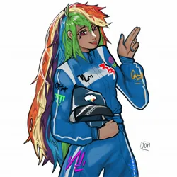 Size: 2048x2048 | Tagged: safe, artist:jonijon_0, derpibooru import, rainbow dash, human, :p, alternate hairstyle, clothes, dark skin, ear piercing, earring, female, helmet, humanized, image, jewelry, jpeg, jumpsuit, long hair, nail polish, piercing, racing suit, ring, simple background, solo, tattoo, tongue out, white background