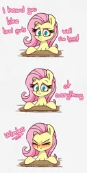 Size: 2016x3976 | Tagged: safe, artist:lou, derpibooru import, fluttershy, pegasus, pony, awkward moment, bad girl, blushing, comic, female, gray background, image, looking at you, mare, meme, monologue, one eye closed, png, simple background, talking, talking to viewer, wink, winking at you