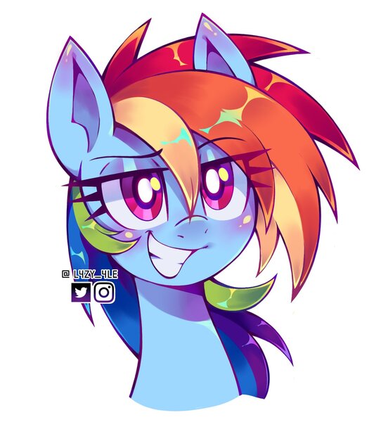 Size: 1530x1748 | Tagged: safe, alternate version, artist:l4zy_4le, derpibooru import, rainbow dash, pegasus, pony, blushing, bust, eye clipping through hair, eyebrows, eyebrows visible through hair, female, g4, grin, image, jpeg, lidded eyes, mare, simple background, smiling, solo, white background