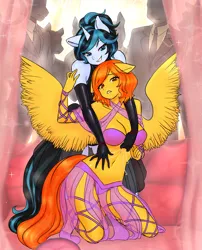 Size: 2124x2624 | Tagged: suggestive, artist:wildpaper, derpibooru import, oc, oc:firetale, oc:mirror image, unofficial characters only, anthro, pegasus, unicorn, anthro oc, belly dancer outfit, breasts, clothes, evening gloves, gloves, grabbing, grin, horn, image, latex, latex gloves, long gloves, pegasus oc, pegasus wings, png, pose, silk, smiling, unicorn horn, unicorn oc, wings
