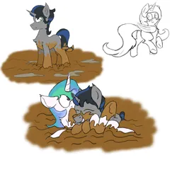 Size: 6000x6000 | Tagged: safe, artist:pzkratzer, derpibooru import, king sombra, princess celestia, butt, colored sketch, cute, dirty, duo, female, g4, good king sombra, hug, image, looking back, lying down, male, mud, muddy, on back, plot, png, ship:celestibra, shipping, simple background, sketch, straight
