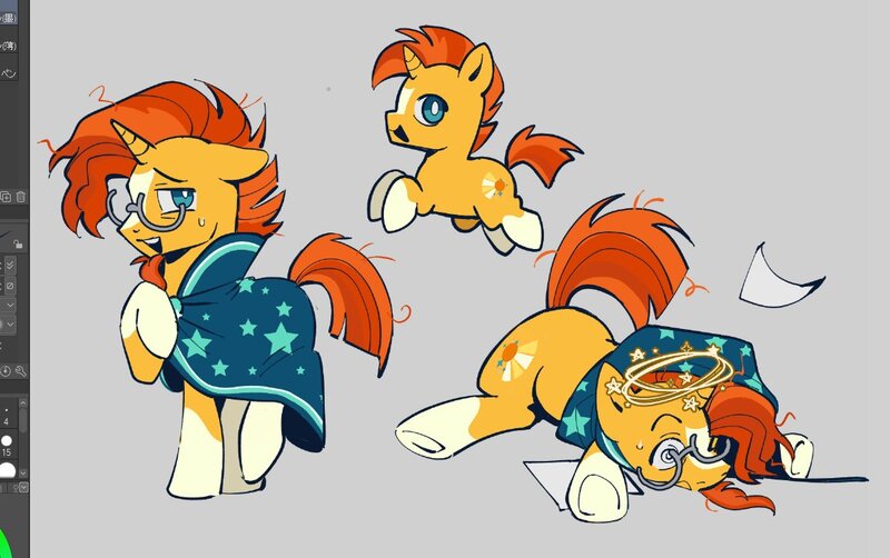 Size: 1157x726 | Tagged: safe, artist:chillteaamirite, derpibooru import, sunburst, pony, unicorn, blaze (coat marking), blue eyes, clip studio paint, cloak, clothes, coat markings, colt, colt sunburst, cute, dizzy, emanata, facial markings, fallen, g4, glasses, gray background, grin, hoof on chest, horn, image, jpeg, looking back, lying down, male, messy mane, messy tail, nervous, nervous grin, open mouth, open smile, orange coat, orange mane, orange tail, paper, prone, raised hoof, round glasses, simple background, smiling, socks (coat marking), solo, stallion, standing, stars, sunbetes, sunburst's cloak, sweat, sweatdrop, swirly eyes, tail, triality, tripped, two toned mane, two toned tail, underhoof, unicorn horn, wingding eyes, younger