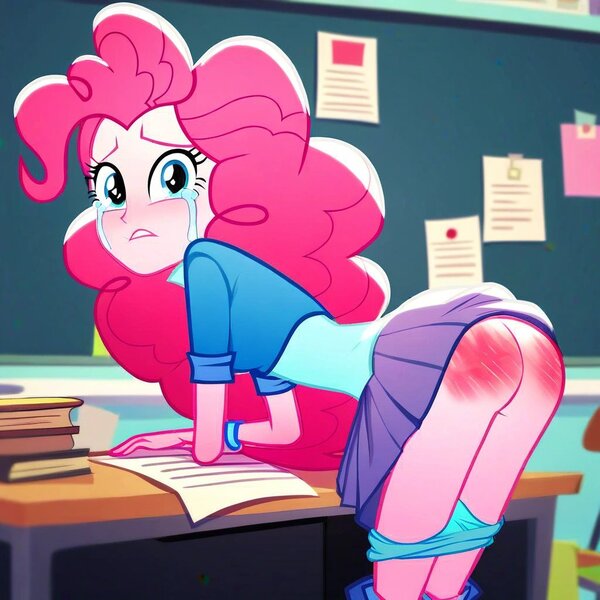 Size: 1024x1024 | Tagged: artist needed, questionable, ai content, derpibooru import, machine learning assisted, machine learning generated, pinkie pie, human, equestria girls, /mlp/, 4chan, armband, armlet, ass, balloonbutt, bend over, butt, clothes, crying, desk, g4, image, jpeg, looking at each other, looking back, looking back at each other, panties, panties pulled down, punishment, skirt, skirt lift, spank mark, spanked, spanking, underwear