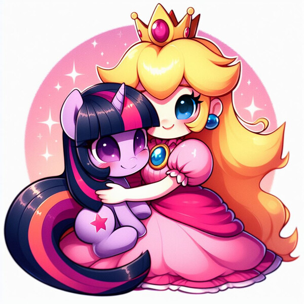 Size: 1024x1024 | Tagged: safe, ai content, derpibooru import, machine learning generated, prompter:pika-robo, twilight sparkle, human, pony, unicorn, chibi, crossover, cute, daaaaaaaaaaaw, duo, generator:bing image creator, generator:dall-e 3, holding a pony, horn, hug, image, jpeg, princess peach, sitting, smiling, super mario bros., twiabetes, unicorn twilight