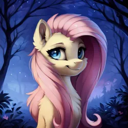 Size: 1536x1536 | Tagged: safe, ai content, derpibooru import, machine learning generated, prompter:seashell, stable diffusion, fluttershy, pony, bust, chest fluff, ear fluff, female, g4, image, jpeg, looking at you, mare, nature, night, outdoors, portrait, smiling, smiling at you, solo, tree, wingless