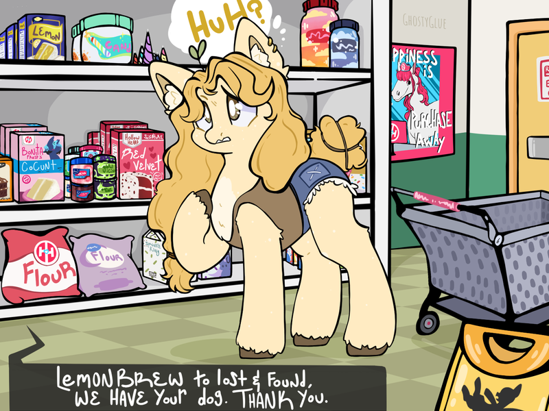 Size: 1400x1050 | Tagged: safe, artist:ghostyglue, derpibooru import, oc, oc:lemonbrew, earth pony, pony, chat bubble, clothes, commission, confused, daisy dukes, ear piercing, earth pony oc, female, flour, hazel eyes, hmart, image, mare, piercing, png, shopping, shopping aisle, shopping cart, shorts, solo, sprout, tanktop, thought bubble, unshorn fetlocks, wet floor sign, ych result, yellow fur