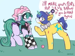 Size: 1400x1050 | Tagged: safe, artist:ghostyglue, derpibooru import, oc, oc:wildcard, unnamed oc, earth pony, pony, unicorn, bandaid, blue hair, clown, clown makeup, clown nose, cutie mark, earth pony oc, female, frightened, grass, grass field, hat, horn, image, magic, mare, mask, party hat, png, purple fur, red nose, teal hair, threat, threatening, unicorn oc, yellow fur