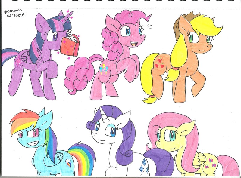 Size: 2007x1484 | Tagged: safe, artist:cmara, derpibooru import, applejack, fluttershy, pinkie pie, rainbow dash, rarity, twilight sparkle, earth pony, pegasus, unicorn, female, g4, horn, image, jpeg, mane six, simple background, white background