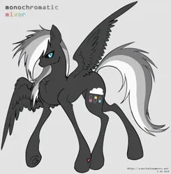 Size: 730x746 | Tagged: safe, artist:expectationemesis, derpibooru import, oc, oc:monochromatic mixer, unofficial characters only, pegasus, pony, black sclera, blue eyes, derpibooru exclusive, female, full body, hoof heart, image, looking at you, mare, no mouth, pegasus oc, png, solo, spread wings, standing, tri-color mane, tri-color tail, underhoof, wings
